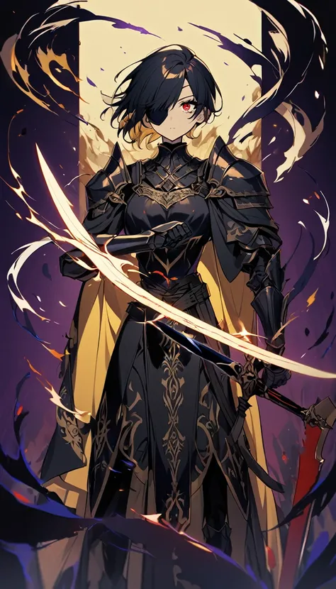 1 girl, Black medieval style armor with gold trim, insert white cover, without helmet, short black hair, insert eye patch over left eye, blood red eye, holding his silver-colored sword with engravings on the dark-colored blade, emanating a dark blue aura f...