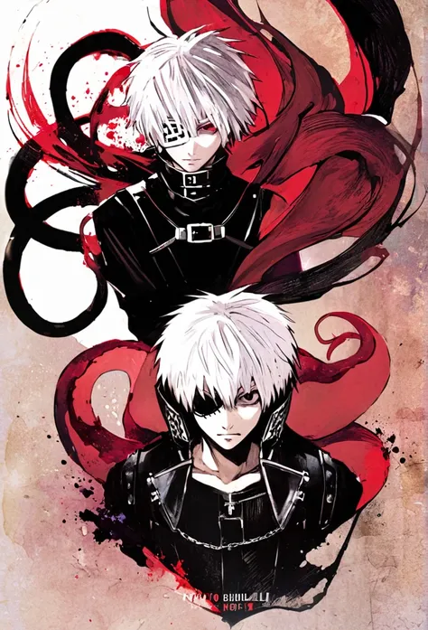 ```
Ken Kaneki, Tokyo Ghoul, white hair, black outfit, eyepatch, half-ghoul, serious expression, red kakugan eye, kagune tentacles, detailed face, high quality

```