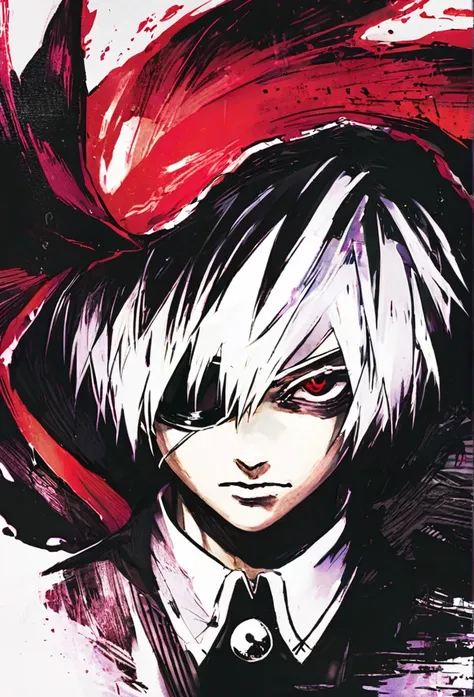 ```
Ken Kaneki, Tokyo Ghoul, white hair, black outfit, eyepatch, half-ghoul, serious expression, red kakugan eye, kagune tentacles, detailed face, high quality

```