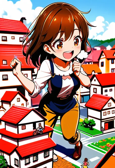 young giantess, one foot up, laughing, long brown hair and brown eyes, casual clothes, standing in a town, there are small  houses around her, shes crushing the small houses, she having fun