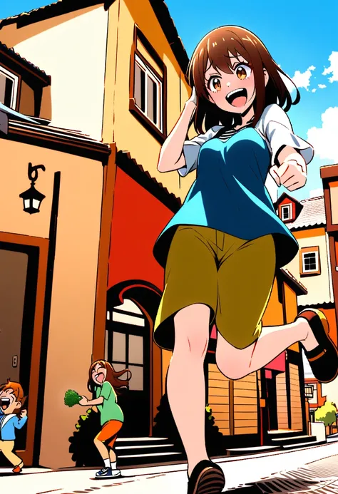 young giantess, one foot up, laughing, long brown hair and brown eyes, casual clothes, standing in a town, there are small  houses around her, shes crushing the small houses, she having fun