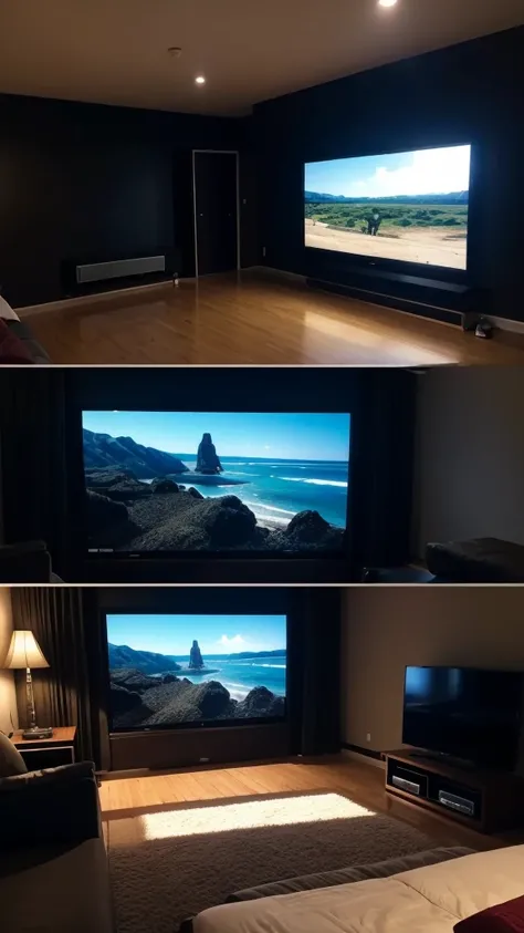 A simple room with a TV playing a movie, the room is very dark at night, the view from the bed to the TV