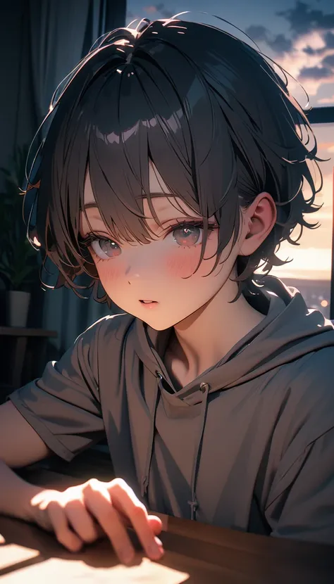 (8K, RAW photos, best quality, masterpiece: 1.4), (((The boy sat at the table)))，Ultra-high resolution, Extremely detailed, light, Eye close-up, handsome boy, black eyes, (delicate eyes, Eyes are bright:1.2), Gray short hair, Fair skin,dark, Grey sweatshir...