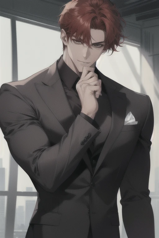 1 man, male focus, tall muscular, handsome, extremely detailed face, short hair, smile, suit, portrait, realistic, (best quality, 4k, 8k, highres, masterpiece:1.2), (ultra-detailed:1.3), red hair, [thick eyebrows:0.5]