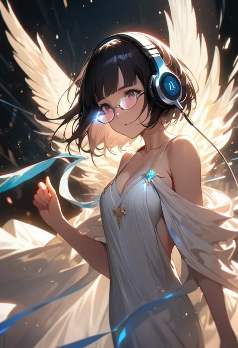 (extremely detailed fine touch:1.3), 2D, (super very short hair:1.3), blunt bangs, (((underrim glasses:1.3))), (headphones:1.3), A divine female angel in a white flowing gown in heaven, Glow-effect, Slow Motion, Particle
