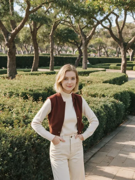 her name is Elle, high quality, 1girl, ((20-year-old fit Caucasian woman)), ((20 years old)), ((fit)), ((pale skin)), short bob blonde hair , wearing Cream Oversized Sweater Vest + High-Waisted Burgundy Plaid Culottes, pose: standing, background: Describe ...