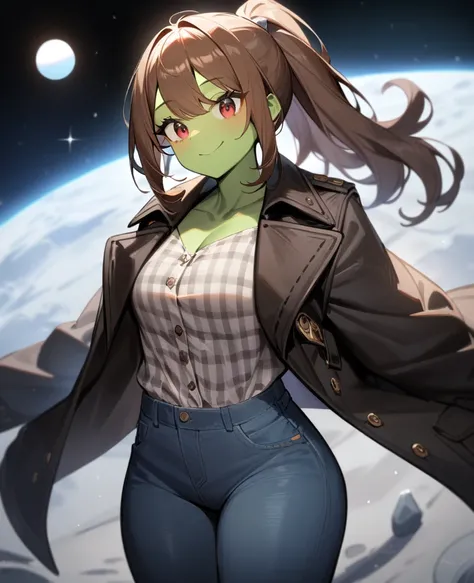 1girl,solo,red eyes,((brown hair:1.5)),ponytail,((light green skin)), very tall, tattered coat, black coat, tan jeans, flannel shirt,cowboy shot,on moon, blue and grey saturn in sky,Science fiction,ultra-detailed,sharp focus,aesthetic,(best quality) smilin...