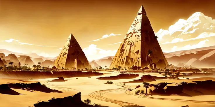 Yellow sand flying in the sky，The background is a vast desert, pyramid，Sphinx，Digital Landscape Art, Detailed scenery —width 672, Landscape Artwork, environment design illustration, Landscape Art Detail, Desert oasis landscape, Concept Art, 4k 高度Detailed n...