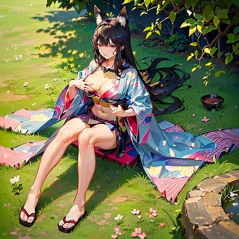 (Fox Girl, Fox Ears, Black colored hair, Fox Makeup, One Girl, Long Hair:1.6), (kimono, Kimono with open chest, A beautiful kimono with red and black patterns, I can see her cleavage, Open chest, Exposed skin:1.8), (Body size is 100-70-90!, Nice body, Big ...