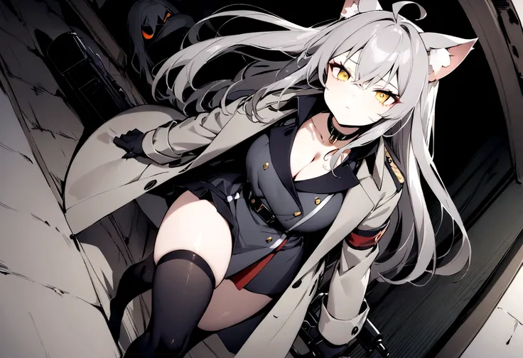 Military council、Pitch-dark room、Dark Room、conference room、(masterpiece, best quality:1.2), 1girl, 独奏,Black military uniform、Gray cat ears、Point your gun at us、Grey long hair、Ahoge、Yellow Eyes、Grey trench coat、Gray cat ears、I took off my hoodie and put it ...