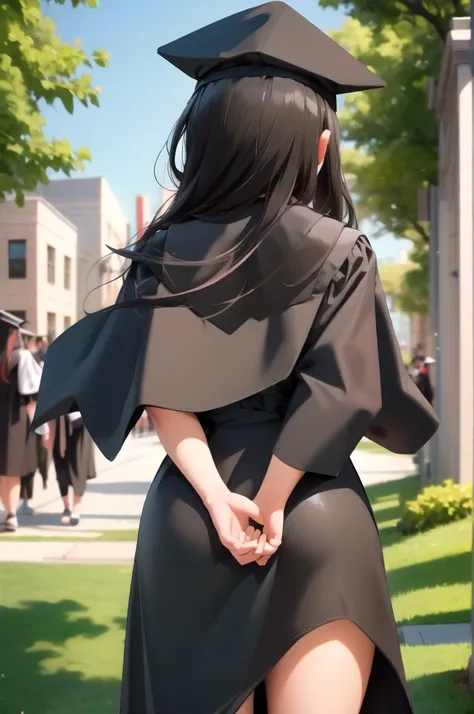 1 college woman, from behind, in long black graduation gowns and caps, graduating college, college campus, college graduation, illustration