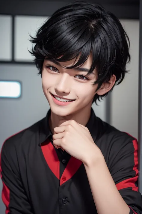 Boy with black hair all up, red eyes and a wide smile