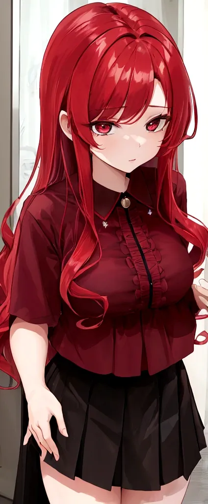 Kizi, red hair with wavy ends, dark shaped eyes, skin fair, wearing a skirt and blouse