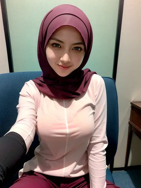 ((Beautiful white islamic girl with a beautiful face with maroon hijab)), beautiful eyes, office suit, she is a secretary, ((long grey fabric pants)), colorful, ((office)), sit down, thight,, bokeh, (hdr:1.4), high contrast, (cinematic, teal and orange:0.8...