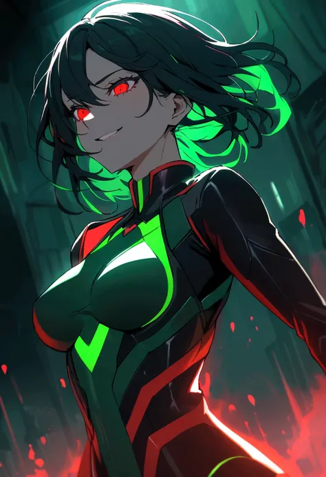 generates an adult woman with black hair and red eyes, futuristic clothing in black and dark green tones, a somewhat deranged smile and with a red aura of power 