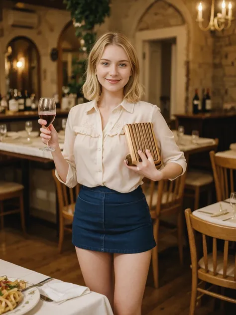 her name is Elle, high quality, 1girl, ((20-year-old fit Caucasian woman)), ((20 years old)), ((fit)), ((pale skin)), short bob blonde hair , wearing Blush Ruffled Wrap Blouse + High-Waisted Khaki Button-Front Skirt, pose: standing, background: Detail the ...