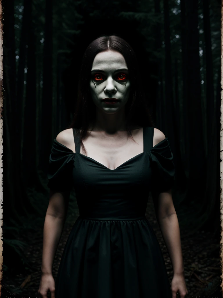 Zoom out until fullbody seen all the dress, give a soft light arround the character, chage background to dark creepy forest with red eyes behind the trees, and make it look like film poster and give any random horror object to make it look like profesional...