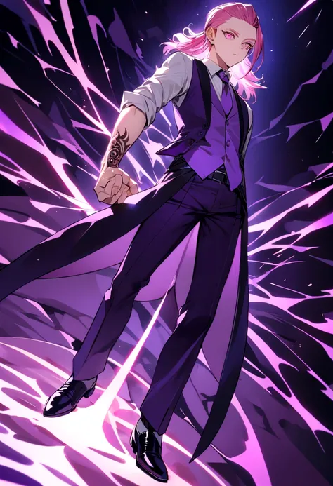 a boy with a hairstyle (mullet) Pink color, big eyelashes, light pink eye color, rolled dress shirt, White color, with the purple vest, purple pants, purple tie, black shoes, with a boton tattoo on his forearm, (whole body) 4k