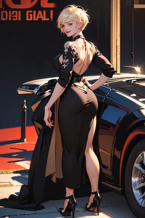 (back view),((ultra realistic illustration:1.2)),Athletic blonde woman, (short hair), tomboy, cute, ((smile)), Red lipstick,necklace, black evening dress, belt, high heels.Masterpiece, best quality,(highly detailed:1.2),(detailed face and eyes:1.2), 8k wal...