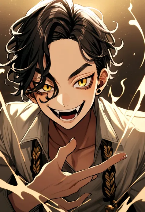 1. Chico Keiske Baji, tokyo revengers, slightly wavy black hair color, (smile with fangs) calm look