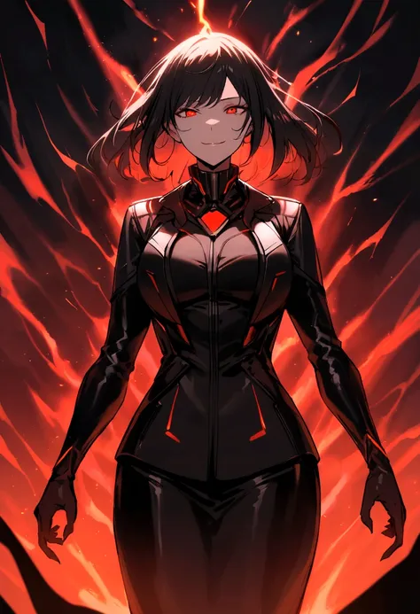 spawns a tall adult woman with long black hair and red eyes, futuristic black clothing using a dark toned jacket, a somewhat deranged smile and with a red aura of power