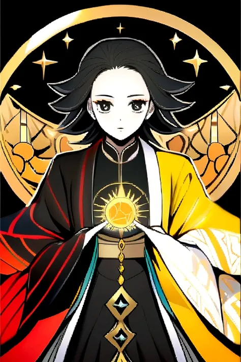 adolescent, black hair one black eye and the other yellow, kimono half moon and the other sun