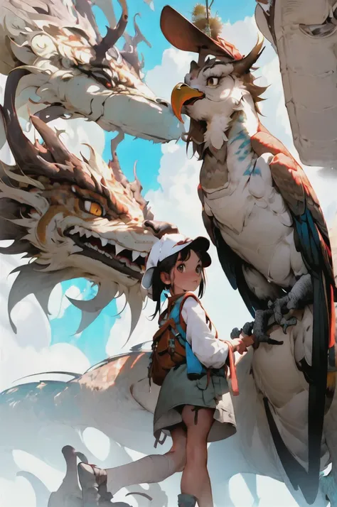 girl, letterboxed, holding, outdoors, bird, standing, cloud, 1boy, weapon, from behind, sky, cloudy sky, animal, holding weapon, eastern dragon, monster, 1other, hat, fog,  