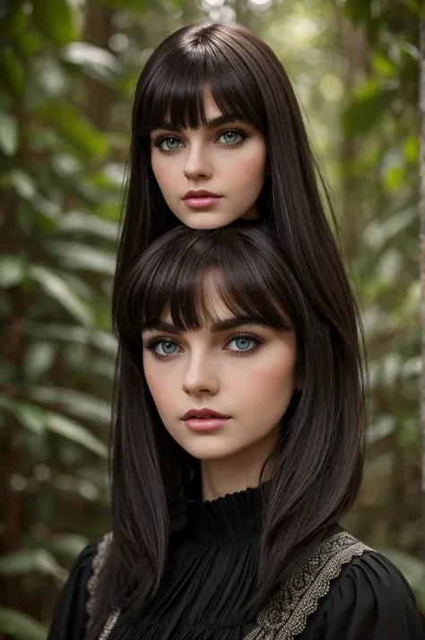 dark brown hair bythle doll, medium, wolf cut and fringe, pale skin, with straight eyebrows, big green eyes, con labios mediums y nariz respingada y de vestido negro y gotico