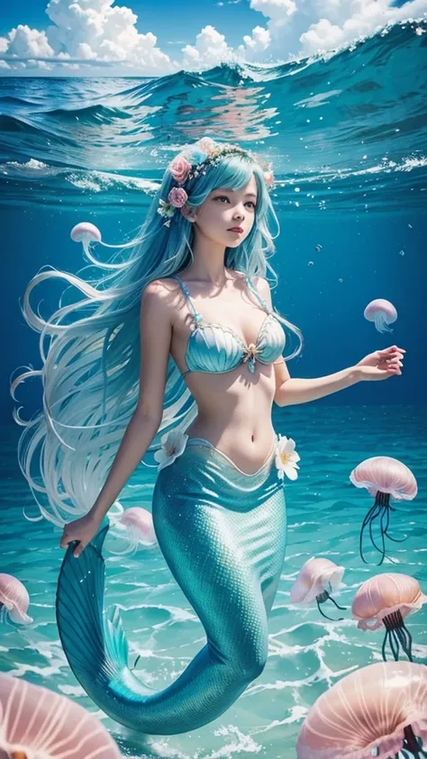 Ocean　mermaid　summer　blue sky　jellyfish　Lots of flowers　Princess