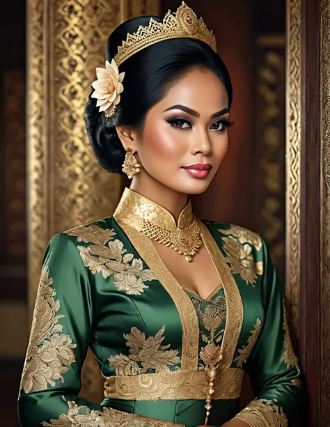 A realistic portrait of a beautiful Indonesian lady in elegant noble kebaya, a typical Indonesian appearance for noble lady, classic noble lady face, wise, gentle, motherly, resilient, highly influenced by ancient Mataram Kingdom  culture insanely intricat...