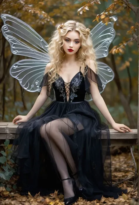 gothic fairy, full body, translucent wings,flowy tulled short black dress,low cut see through dress , showing legs,red lips,long blond curly hair, shes sitting on a branch, holding a lantern,magic background, refined details