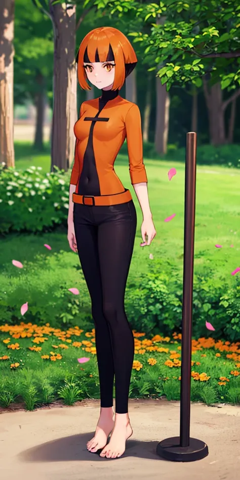 pokemongardenia, pokemongardenia, black hair, bob cut, multicolored hair, (orange eyes:1.5), orange hair, petals, short hair, (standing full body toe to head by wooden pole:1.2)