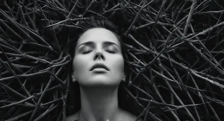 cinematic film still,From above,Juxtaposition of a creepy disturbing photo of a woman3 with her eyes closed covered in hair and thorns,solo,monochrome,greyscale,no humans,plant,horror (theme) Juxtaposition,artistic,photography,dramatic light,dramatic shado...