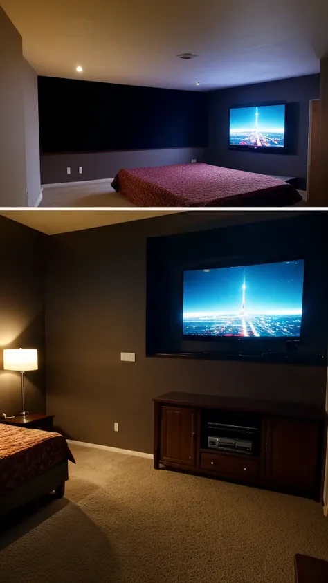 A simple room with a TV playing a movie, the room is very dark at night, the view from the bed to the TV