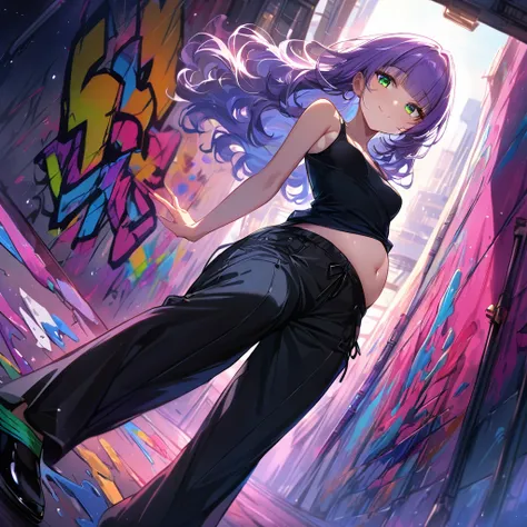 a masterpiece, beautiful eyes, a beautiful face, beautiful depiction, details, solid blue Skyscrapers background, ultra detailed, 8K, pale-purple hair, a dynamic angle, wavy hair blowing in the wind, blunt bangs hair, black and green eyes,small breast, A b...