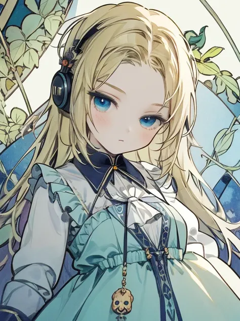 masterpiece, Highest quality, Very detailed, 16K, Ultra-high resolution, Cowboy Shot, Alice in Wonderland, (by Alfons Mucha:1.5), 10-year-old girl, Detailed face, blue eyes, blonde, Braiding, Long Hair, Ribbon on head, Blue clothes, White apron, 大きなclockのあ...