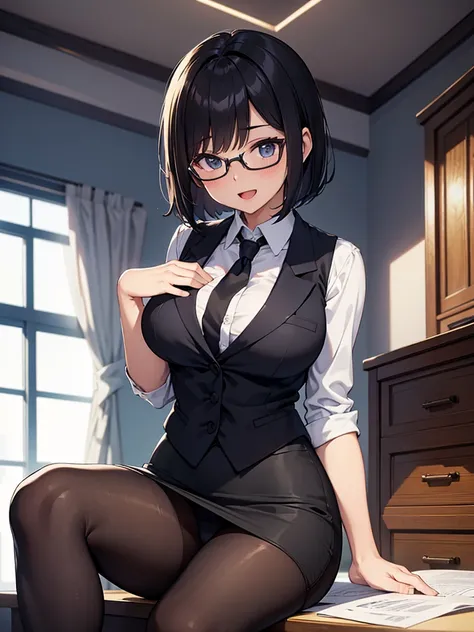 masterpiece, best quality, high definition images, atmospheric perspective, expressive eyes, perfect face, ultra detailed, solo, 1mature seductive woman sitting down in a carelessly sprawled on desk, alluring pose, black short bob hair, simple glasses, bus...