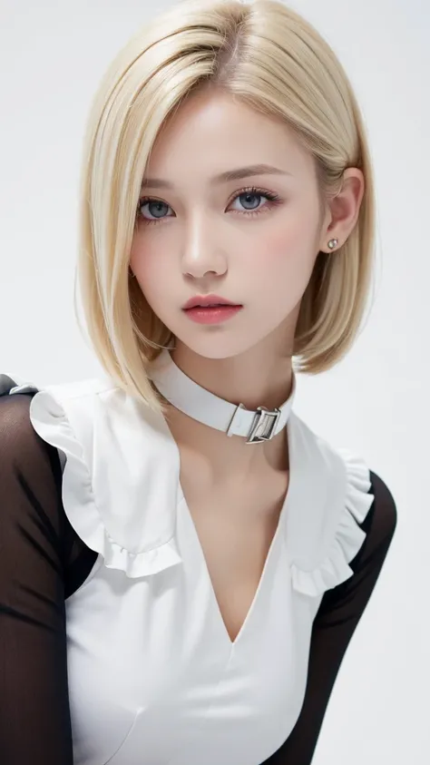 (((forehead、White Blonde Hair、Northern Europe、White people、beautiful girl、Blonde、White background、Blouse with collar and sleeves、Frills、race)))、table top, highest quality, figure, super detailed, finely, High resolution, 8k wallpaper, Perfect dynamic compo...