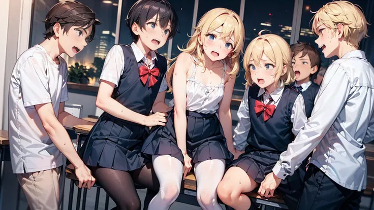 Highest quality,Highest quality,One girl,Multiple Boys,((((10 years old)))),  surrounded by boys,Flat Chest,orgasm,blush, Sweat, Sakurai Momoka,Blonde,White Sarah Outfit,Navy Blue Skirt, Not a long pleated skirt,whole body,Night Classroom, Grey pantyhose、F...