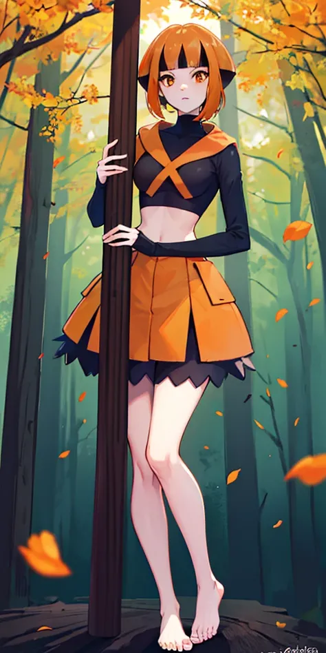 pokemongardenia, pokemongardenia, black hair, bob cut, multicolored hair, (orange eyes:1.5), orange hair, petals, short hair, (standing full body toe to head by wooden pole:1.2)