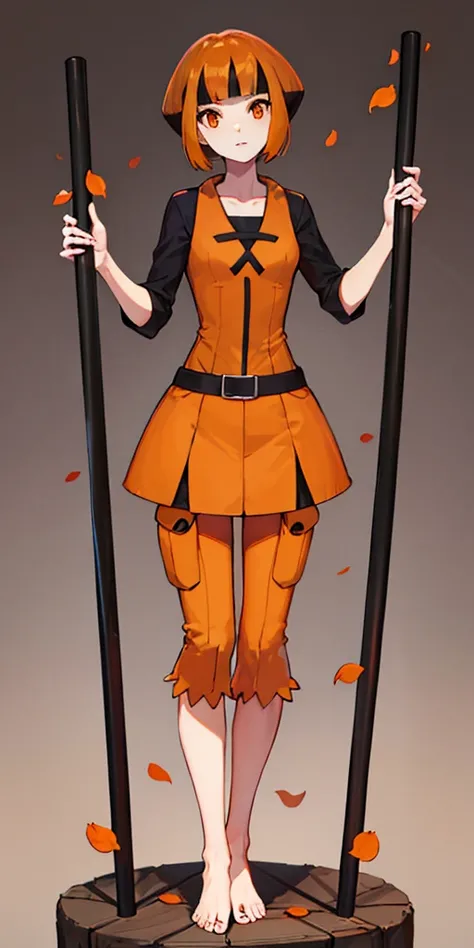 pokemongardenia, pokemongardenia, black hair, bob cut, multicolored hair, (orange eyes:1.5), orange hair, petals, short hair, (standing full body toe to head by wooden pole:1.2)