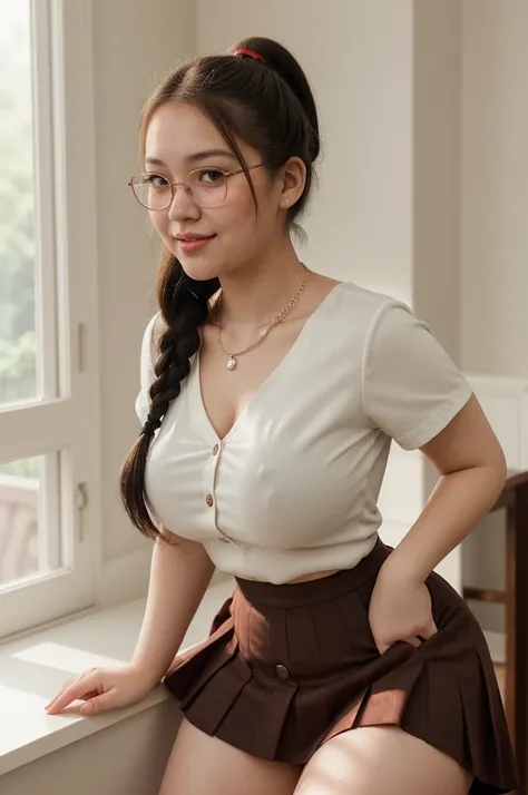 best quality, portrait of 20 years old woman, beautiful asian face, black hair, pudgy cheeks, (chubby:0.9), curvy thighs, short sleeve blouses button, pleated mini skirt, cleavage, white pale skin, red lips, bust photo, raw photo 8k, wallpaper official art...