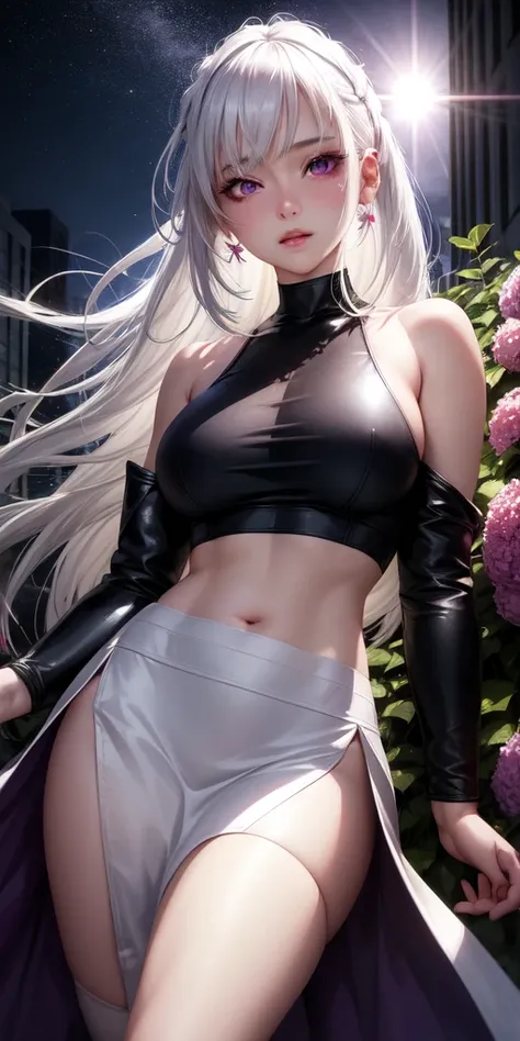 realistic, 1girl, white hair, purple eyes, glowing eyes, crop top, skirt, parted lips, blush, night, flowers, sun, sunlight,