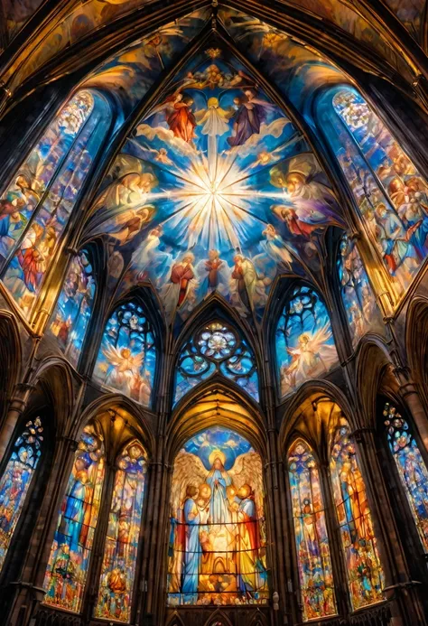 angels praying in the cathedral of heaven, view from above, the ceiling painting is an angel, gothic architecture, beautiful sta...