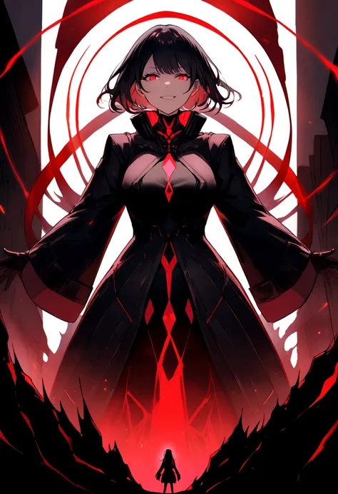 spawns a tall adult woman with long black hair and red eyes, futuristic black clothing using a dark toned jacket, a somewhat deranged smile and with a red aura of power