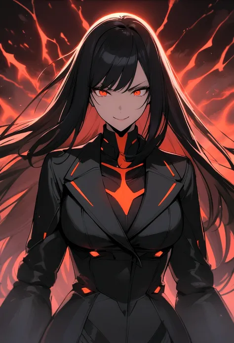 spawns a tall adult woman with long black hair and red eyes, futuristic black clothing using a dark toned jacket, a somewhat deranged smile and with a red aura of power