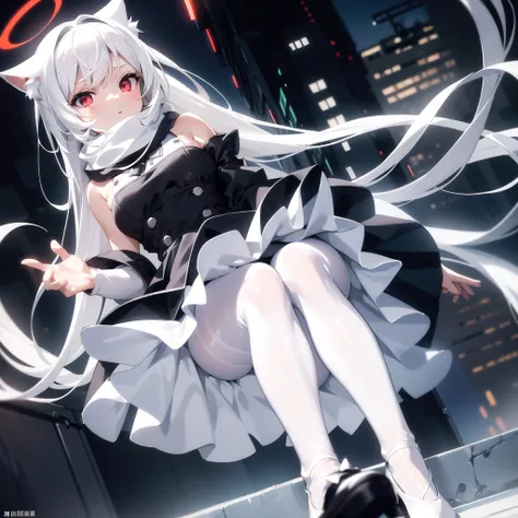 masterpiece, highest quality, highest resolution, clear_image, detailed details, White hair, long hair, cat ears, 1 girl, red eyes, white pantyhose, high heels, black dress (black dress with a short skirt) , white scarf, gray futuristic halo, cute, no wate...