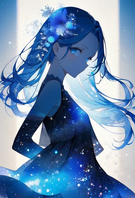 16k, (double exposure:1.05 silhouette: 1.1) (many detailed particles light) (background is exposure:1.1 ParticlesColorfulLight), wearing layered one piece dress, frontale forehead blue hair long hair lovely blue eyes girl.