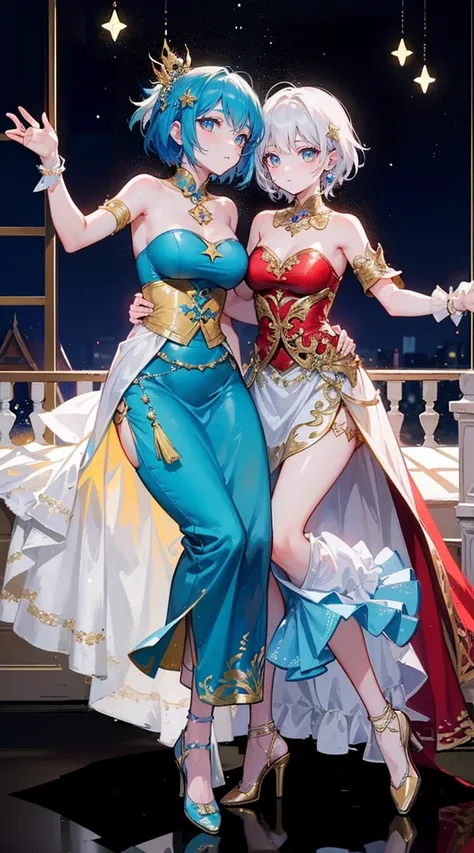 (2 young women ,beautiful woman)，smile，(light green short hair)，nobility，(princess)，blue student，Tall figure，((Strapless dress))，low skirt，(Star evening dress)，lolita skirt，Show your legs，Crystal heels，red carpet，prom website，(nobility)，(big tits),(Various...