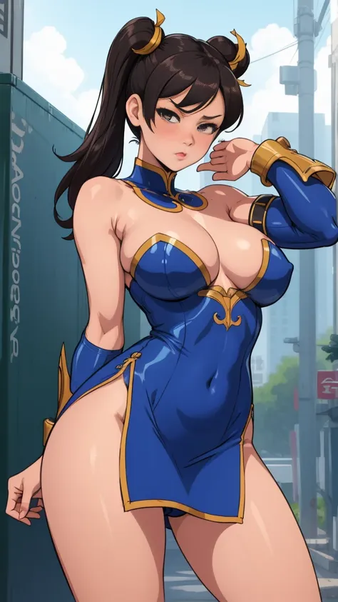 score_9_up, score_8_up, score_7_up, chun li, with big breast, lean body, wearing strapless mini bodycon dress, upskirt, skirt lift, panty visible, looking at viewer, shy, embarrassed, seductive_pose